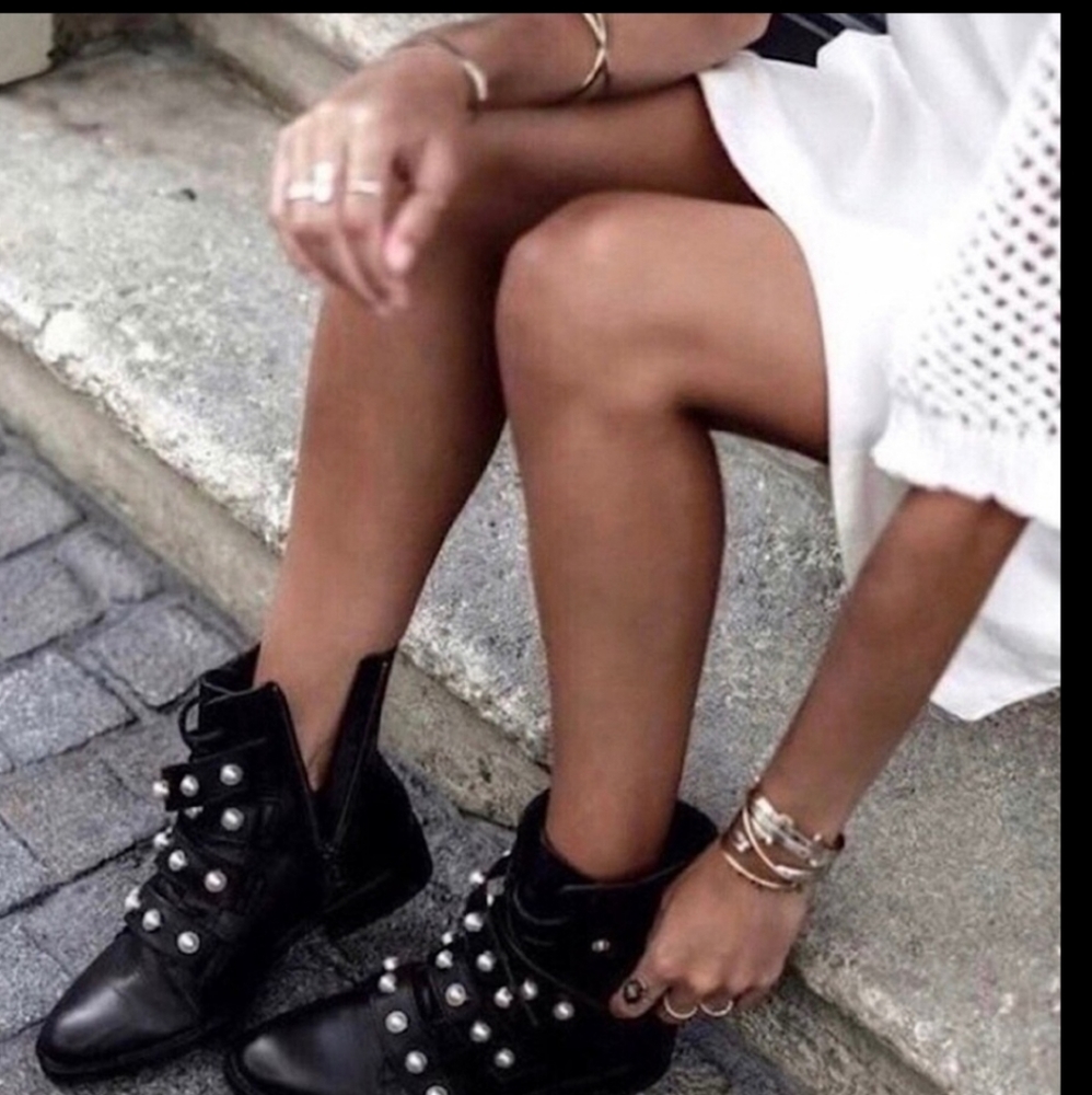 Zara Black Pearl-Embellished Leather Ankle Boots